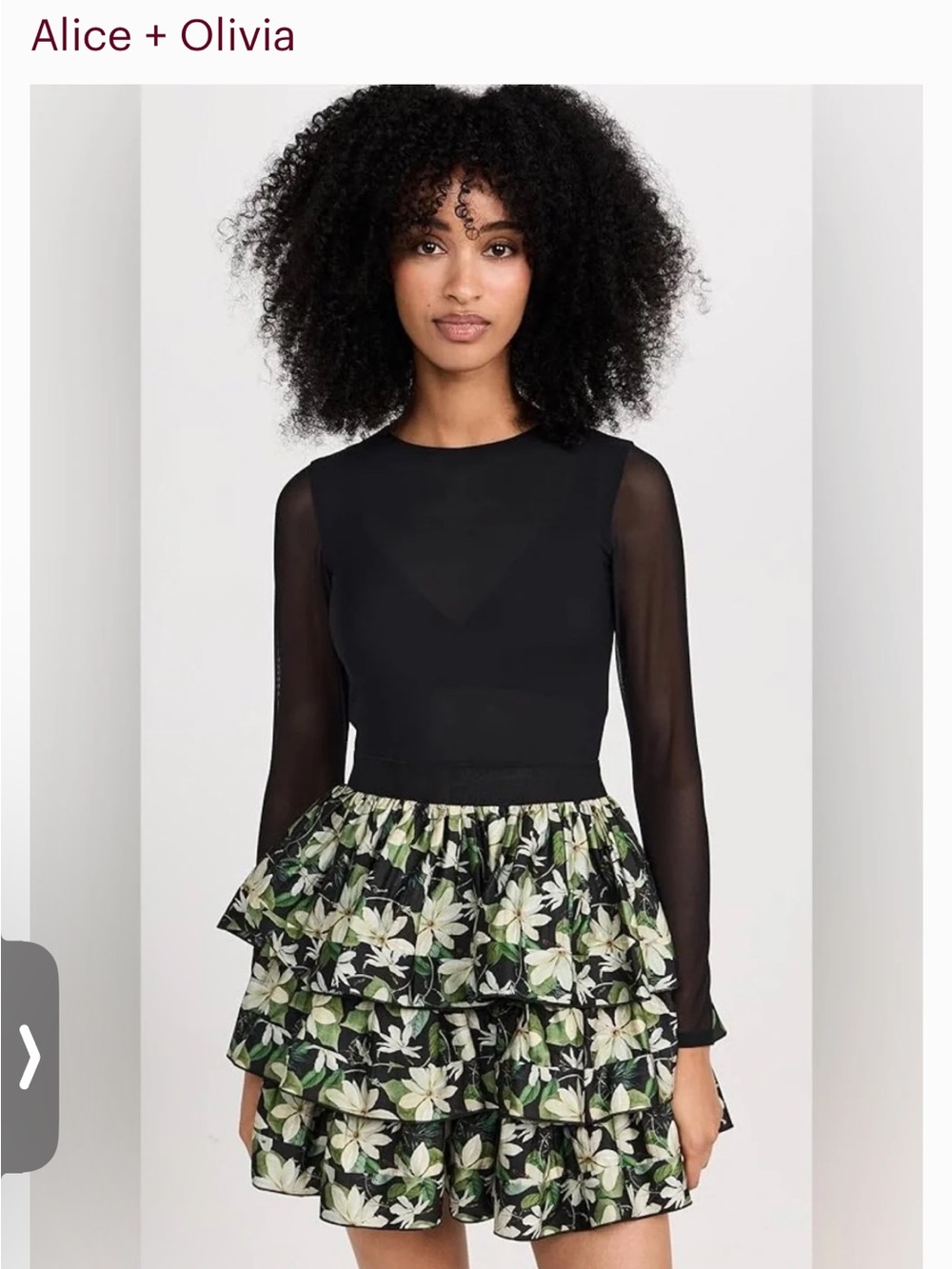 Alice + Olivia Black Sheer-Sleeve Top with Green Floral Tiered Skirt
